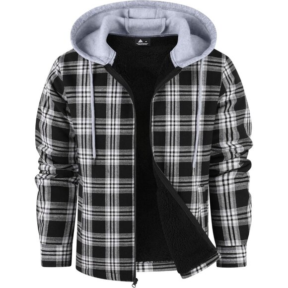Other - Men's Hooded White Black Sherpa Line Plaid Flannel Jacket Warm Winter Coat.